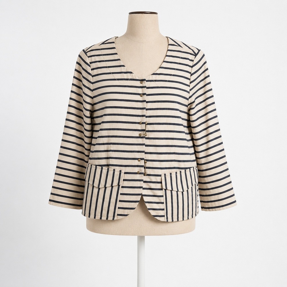 J Crew Nautical Striped Hook Eye Blazer Jacket Sz 4 Tan Navy Coastal New England